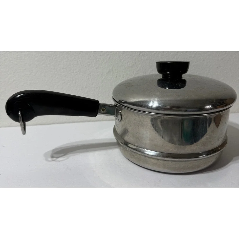 Vintage Stainless Steel Steamer Insert Pot with Lid Black Handle 6.25